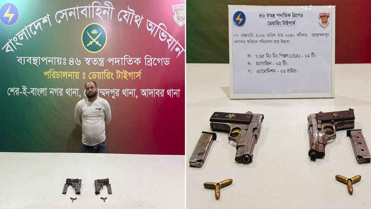 মোহাম্মদপুরে সেনা অভিযানে বিদেশি পিস্তল ও গুলিসহ চাঁদাবাজ আটক